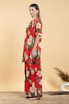 Divi By Sonal Khandelwal_Red Georgette, Bamboo, Viscose V-neck Floral Print Flared Kurta And Palazzo Set _Online_at_Aza_Fashions