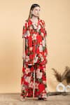Buy_Divi By Sonal Khandelwal_Red Georgette, Bamboo, Viscose V-neck Floral Print Flared Kurta And Palazzo Set _Online_at_Aza_Fashions