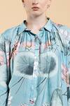 Divi by sonal khandelwal_Sky Blue Muslin (viscose) Print Lotus Spread Collar Nelumbo Shirt Dress _at_Aza_Fashions