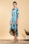 Divi By Sonal Khandelwal_Sky Blue Modal, Satin Collared Lotus Print High Low Hem Shirt Dress _Online_at_Aza_Fashions