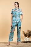 Divi By Sonal Khandelwal_Sky Blue Modal, Satin, Viscose Collared Nelumbo Printed Shirt And Pant Set _at_Aza_Fashions