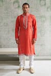 Buy_Agraj Jain_Orange 100% Tencil Satin Embroidery Mirror And Thread Kurta And Pyjama Set  _at_Aza_Fashions