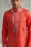 Agraj Jain_Orange 100% Tencil Satin Embroidery Mirror And Thread Kurta And Pyjama Set  _Online_at_Aza_Fashions