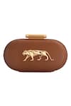 Shop_Sabyasachi_Mustard Tan - Brown Embellished The Royal Bengal Carved Logo Clutch _at_Aza_Fashions