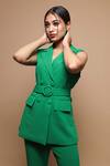 Shop_Ahi Clothing_Green Crepe Sleeveless Coat And Pant Set_Online_at_Aza_Fashions
