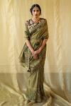 Buy_Archana Jaju_Green Monga Silk Round Kalamkari Saree With Blouse_at_Aza_Fashions
