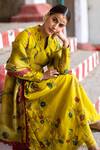 Shop_Archana Jaju_Yellow Silk Embroidery Mandarin Collar Printed Kurta Set _Online_at_Aza_Fashions