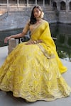 Buy_Archana Jaju_Yellow Dupatta Organza Embroidered Mirror V Neck Work Bridal Lehenga Set _at_Aza_Fashions