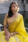 Buy_Archana Jaju_Yellow Dupatta Organza Embroidered Mirror V Neck Work Bridal Lehenga Set _Online_at_Aza_Fashions