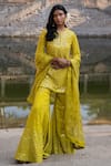 Shop_Archana Jaju_Yellow Handwoven Chanderi Embroidered Mirror Round Work Kurta Sharara Set _at_Aza_Fashions