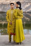 Archana Jaju_Yellow Pure Silk Embroidered Mirror Sweetheart Anarkali With Kalamkari Dupatta _Online_at_Aza_Fashions