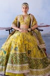 Archana Jaju_Yellow Pure Silk Embroidered Kalamkari V Neck Bridal Lehenga Set _Online_at_Aza_Fashions