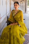 Buy_Archana Jaju_Yellow Saree Pure Silk Embroidered Mirror V Neck Kalamkari With Blouse _at_Aza_Fashions