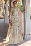 Buy_Archana Jaju_Beige Anarkali Handwoven Chanderi Silk Hand Painted Floral Kalamkari Set _at_Aza_Fashions