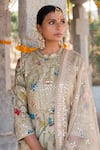 Shop_Archana Jaju_Beige Anarkali Handwoven Chanderi Silk Hand Painted Floral Kalamkari Set _at_Aza_Fashions