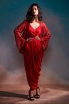 Buy Anjali Kanwar Red Satin, Silk Organza Stardust Gown V Neck, Jacket Embroidered And Draped at Aza Fashions Buy_Anjali Kanwar_Red Satin, Silk Organza Stardust Gown V Neck, Jacket Embroidered And Draped _at_Aza_Fashions