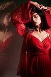 Anjali Kanwar Red Satin, Silk Organza Stardust Gown V Neck, Jacket Embroidered And Draped Online at Aza Fashions Anjali Kanwar_Red Satin, Silk Organza Stardust Gown V Neck, Jacket Embroidered And Draped _Online_at_Aza_Fashions