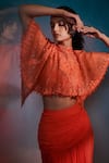 Anjali Kanwar_Orange Silk Chiffon Embroidered Floral Round Cape And Pleated Skirt Set _Online_at_Aza_Fashions