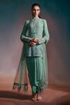 Buy_Anjali Kanwar_Green Net, Pure Georgette Sequin Mandarin Embroidered Kurta Draped Skirt Set _at_Aza_Fashions