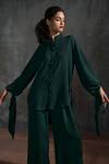 Anjali Kanwar_Green Imported Twill Georgette Stardust Mandarin Collar Shirt And Pant Set _Online_at_Aza_Fashions