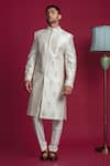 Shop_Jayesh Shah_Silver Raw Silk Embroidered Mirror Sherwani And Pant Set _Online_at_Aza_Fashions