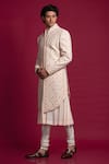 Jayesh Shah_Peach Cotton Moonga Embroidered Thread Sherwani With Flared Kurta Set _Online_at_Aza_Fashions