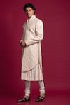 Buy_Jayesh Shah_Peach Cotton Moonga Embroidered Thread Sherwani With Flared Kurta Set  _Online_at_Aza_Fashions