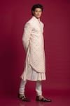 Jayesh Shah_Peach Cotton Moonga Embroidered Thread Sherwani With Flared Kurta Set _at_Aza_Fashions