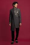 Jayesh Shah_Grey Shimmer Glitter Embroidered Gunmetal Sherwani And Pant Set  _Online_at_Aza_Fashions