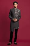 Buy_Jayesh Shah_Grey Shimmer Glitter Embroidered Gunmetal Sherwani And Pant Set  _Online_at_Aza_Fashions