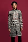 Jayesh Shah_Black Wool Printed Monochrome A-line Sherwani Set _Online_at_Aza_Fashions