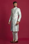 Buy_Jayesh Shah_Blue Raw Silk Hand Embroidered Zardosi And Resham Sherwani Set  _Online_at_Aza_Fashions