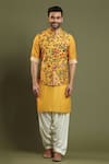 Buy_Kora By Nilesh Mitesh_Yellow Silk Blend Printed Floral Bundi And Kurta Set _at_Aza_Fashions