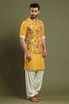 Kora By Nilesh Mitesh_Yellow Silk Blend Printed Floral Bundi And Kurta Set _Online_at_Aza_Fashions