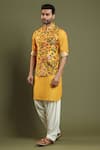 Buy_Kora By Nilesh Mitesh_Yellow Silk Blend Printed Floral Bundi And Kurta Set _Online_at_Aza_Fashions
