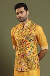 Shop_Kora By Nilesh Mitesh_Yellow Silk Blend Printed Floral Bundi And Kurta Set _Online_at_Aza_Fashions