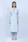 Khwaab by Sanjana Lakhani_Blue Kurta Rayon Print Flower Stand Collar Bloom With Pant _at_Aza_Fashions