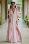 Buy_Pinup By Astha_Pink Flat Chiffon Plain Plunge V Neck Alani Ruffle Gown _at_Aza_Fashions
