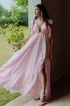 Pinup By Astha_Pink Flat Chiffon Plain Plunge V Neck Alani Ruffle Gown _Online_at_Aza_Fashions