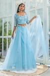 Buy_Kanj by Priyanka A Sakhuja_Blue Organza Embroidered Sequin Square Neck Alara Lehenga Set _at_Aza_Fashions