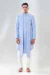 Amrit Dawani_Blue Silk Embroidery Motif Extended Lapel Attached Kurta With Trouser _Online_at_Aza_Fashions