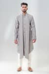 Amrit Dawani_Grey Silk, Cotton Embroidery Geometric Embellished Kurta With Trouser _Online_at_Aza_Fashions