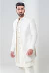 Amrit Dawani_Ivory Cotton, Silk, Lycra Metallic Tonal Leaf Embroidered Jacket Kurta Set _at_Aza_Fashions
