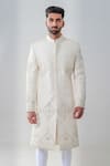 Shop_Amrit Dawani_Ivory Raw Silk Embellished Floral Geometric Sherwani Set _Online_at_Aza_Fashions