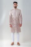 Amrit Dawani_Pink Raw Silk Embellished Floral Geometric Straight Sherwani Set _Online_at_Aza_Fashions