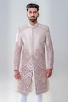 Shop_Amrit Dawani_Pink Raw Silk Embellished Floral Geometric Straight Sherwani Set _Online_at_Aza_Fashions