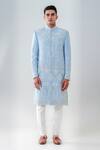 Amrit Dawani_Blue Dupion Silk Embellished Floral Sherwani Set _Online_at_Aza_Fashions