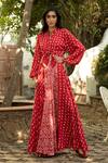 Buy_Basanti - Kapde Aur Koffee_Red Modal Satin Embellished Bandhani Print Mandarin Collar Lehenga Set _at_Aza_Fashions