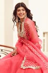 Abhinav Mishra_Pink Organza Embroidered Mirror V Neck Bridal Lehenga Set Blouse _at_Aza_Fashions