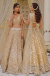 Shop_Abhinav Mishra_Gold Net Embellished Mirror V Neck Work Bridal Lehenga Set_at_Aza_Fashions